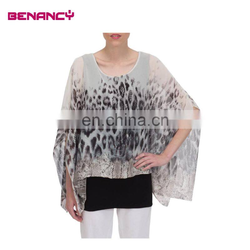 Batwing Sleeve Chiffon Tribal Animal Print Poncho for Old Women