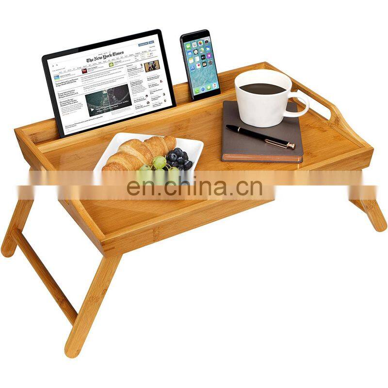 Natural Bamboo Media Bed Folding Tray with Phone Holder Fits up to 17.3 Inch Laptops and Most Tablets