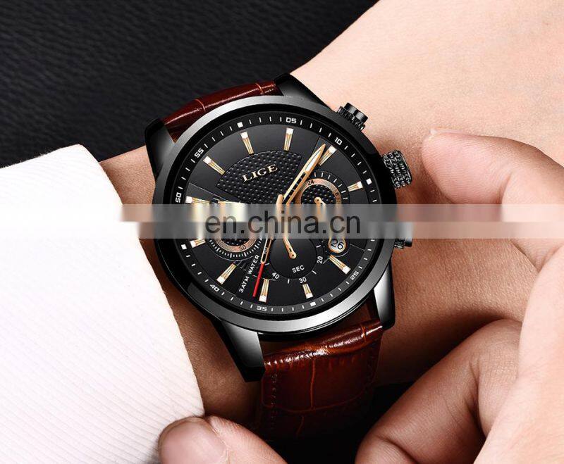 Lige 9866 Casual Men Quartz Watches Chrono Water Resistant Reloj Fashion Leather Wrist Watches for Men