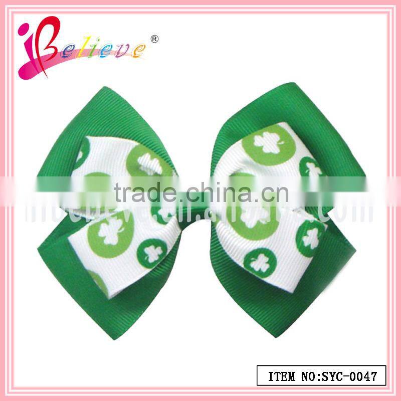 Nice ribbon bow hairgrip Irish special design lucky clover bow ribbon hair accessories (SYC-0043)