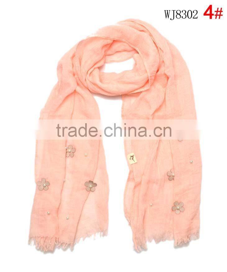2015 Autumn Winter Newest Small Flower Applique Pearl Beads Fixed Soft Cotton Baby Girl Scarf