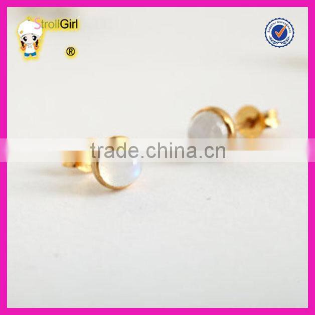 Fashion S925 gold plated gemstone earrings for girl, simple moonstone silver stud earring