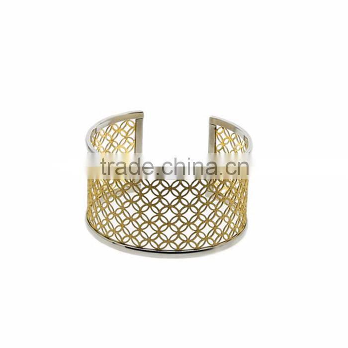 Fashion Designs Hollow Gold Plated Wide C Type China Manufacturer Laser Cut Meshy Sand Blasting Bangles