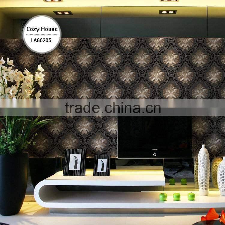 remnants deep embossed vinyl wallpaper, black and silver gorgeous damask wall sticker for shop , best wall sticker pattern