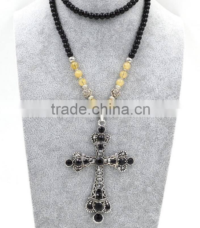 2016 New European Decorative Openwork Cross Female Vintage Long Beaded Necklace