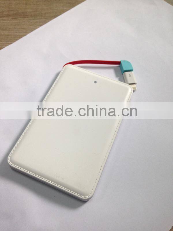 Premium leather cover customized promotional credit card shape portable phone power bank charger with built in micro usb cable