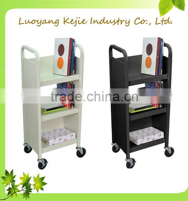 durable steel flat book cart/library trolley bookshelf/book rack shelving/steel rolling library book carts