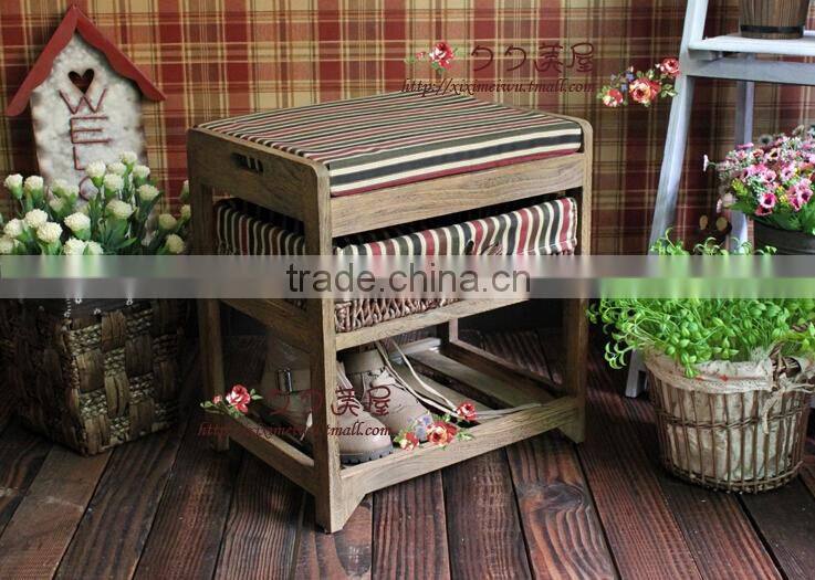 Modern rural style top grade wood footstool with weaving baskets