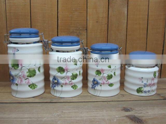 Manufacturer Type Flower Decal Ceramic Canister with Metal Sealing Lid