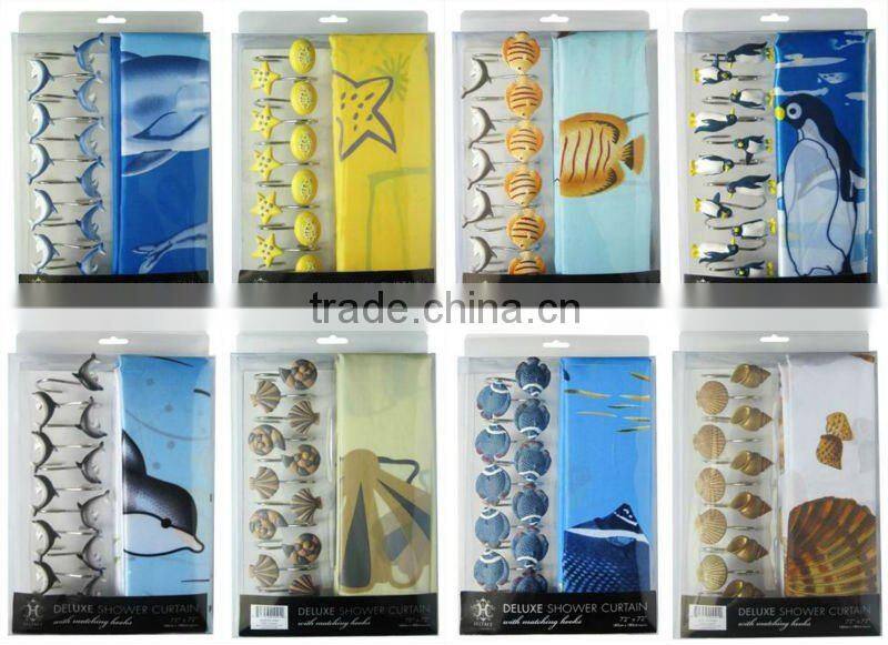 cute style polyester shower curtain/bathroom curtain matching with 12pcs poly resin hooks