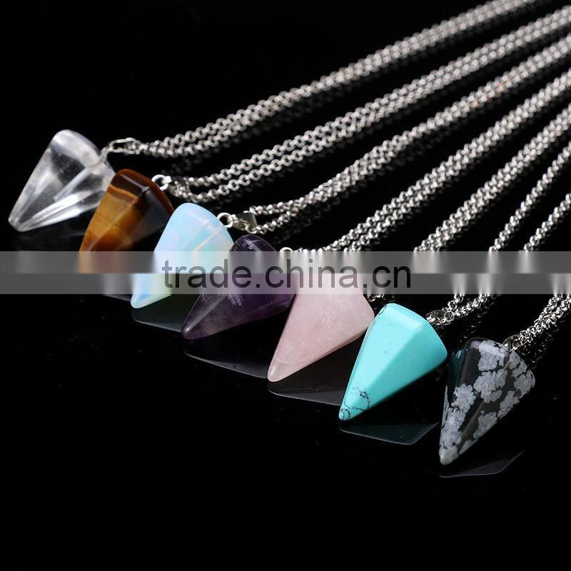 2016 Wholesale Quartz Stone Pendants Natural Crystal Point Pendant Lapis Lazuli Crystal Prism Conical Jewelry Necklace