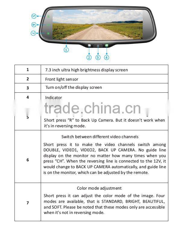 7.3 inch mirror-link rearview mirror with back-up camera display