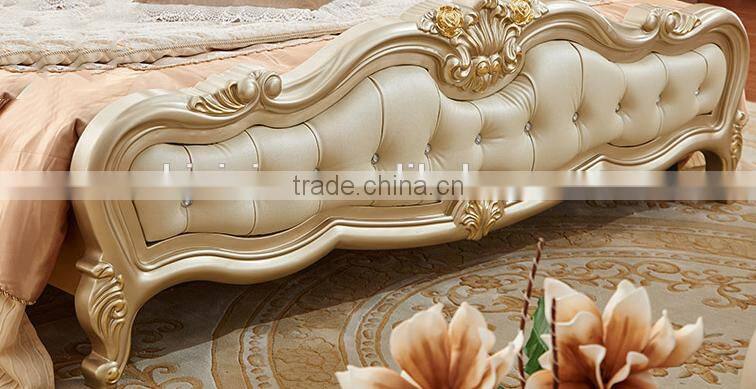 Neoclassic bedroom furniture solid wood gold painting genuine leather double bed