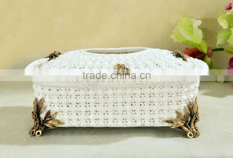 Luxury royal home appliance yellow color flower painting ceramic and brass decorative tissue box
