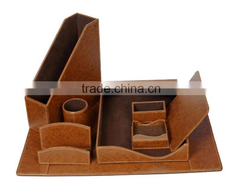 Faux Leather Multi Compartment Office Organizing Desk Set Brown