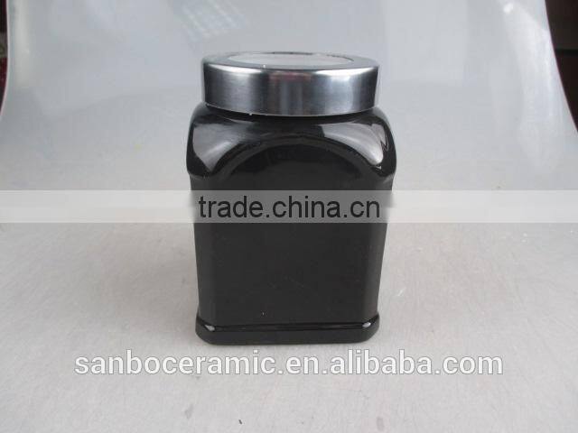 Square Ceramic Sugar Container in Black-glazed, Ceramic Jar with Plastic Lid