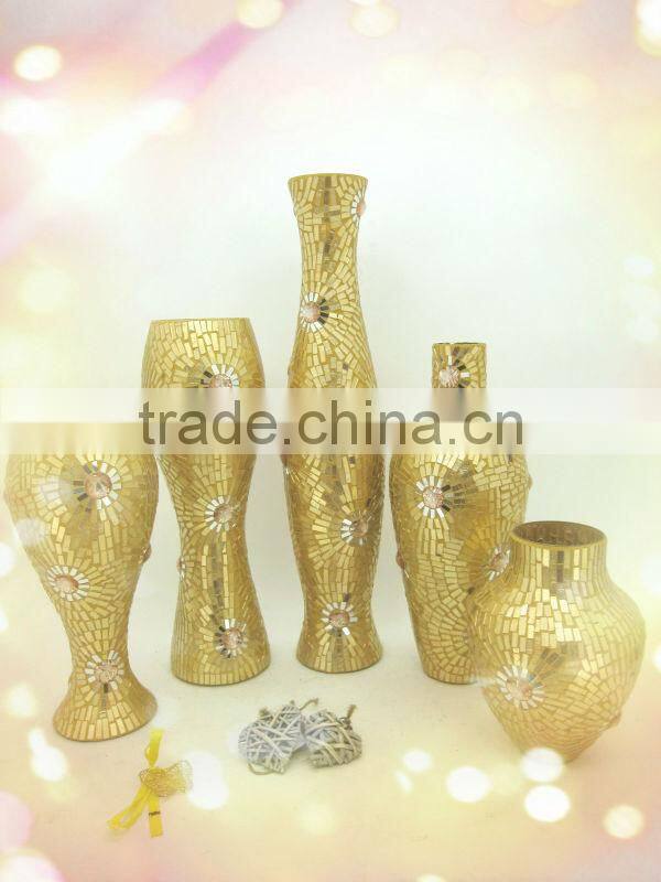 Wedding Decor Fashionable Design Beaded Mosaic Shapes Glass Gold Vases