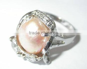 18K gold inlaid pearl round ring orange pearl Tahitian Pearl Ring