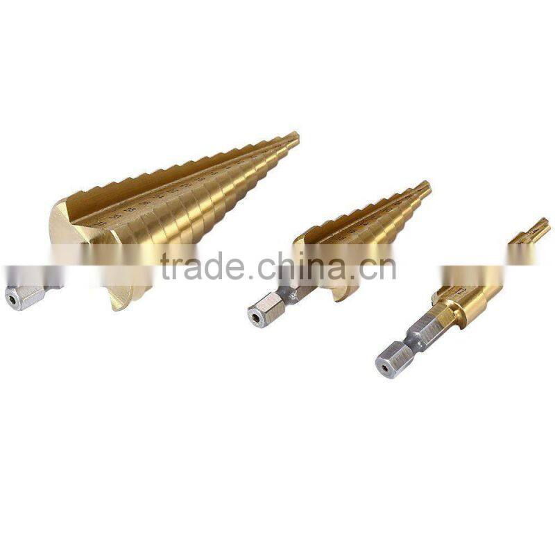 Hex Shank Straight flute Tin Coated 3 Pieces HSS Step Drill Set Hole Cutter