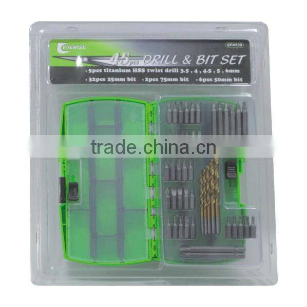 45pcs hss twist drill bit set in plastic case