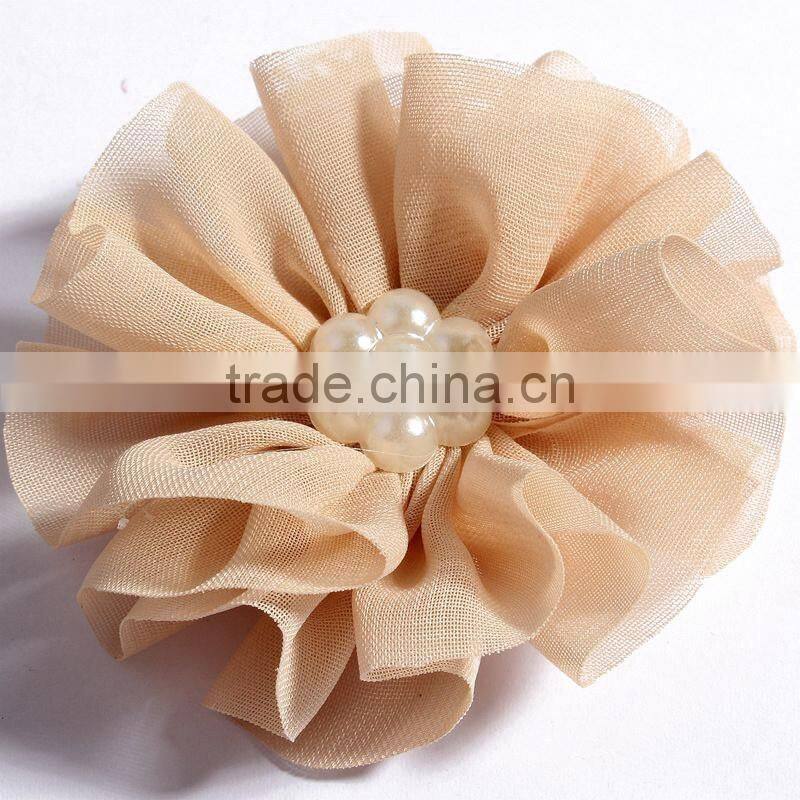 fabric chiffon flower with pearl beads center for kids hair accessories