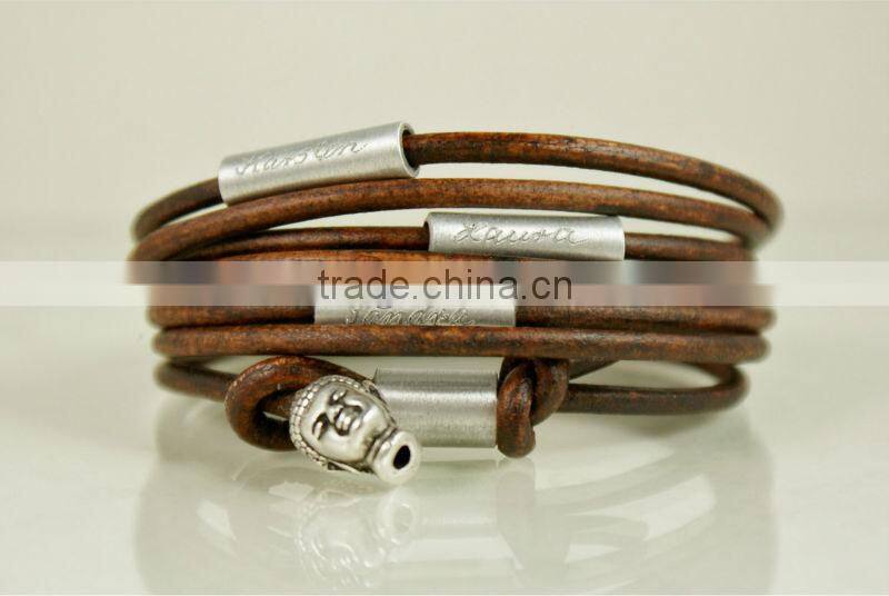 Personalized engraved leather bracelet, wrapped leather bracelet, name/logo stamped multi strand bracelet,buddha charm bracelet