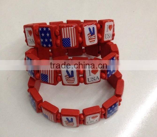 USA nation flag logo beads wood bracelets jewelry custom stretch wooden bead bracelets for promotion gifts