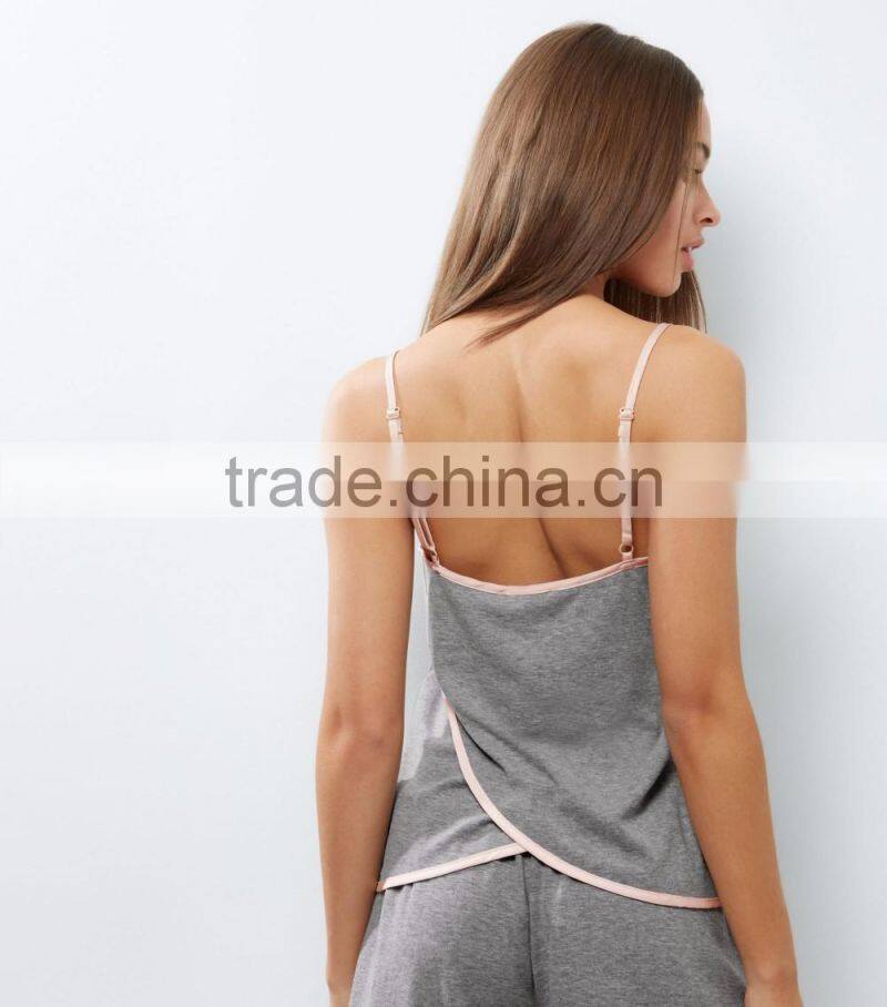 Custom Cotton Sexy Strap Pajamas Grey Brushed Wrap Back Cam And Shorts Contrast Pink Trim Satin Style