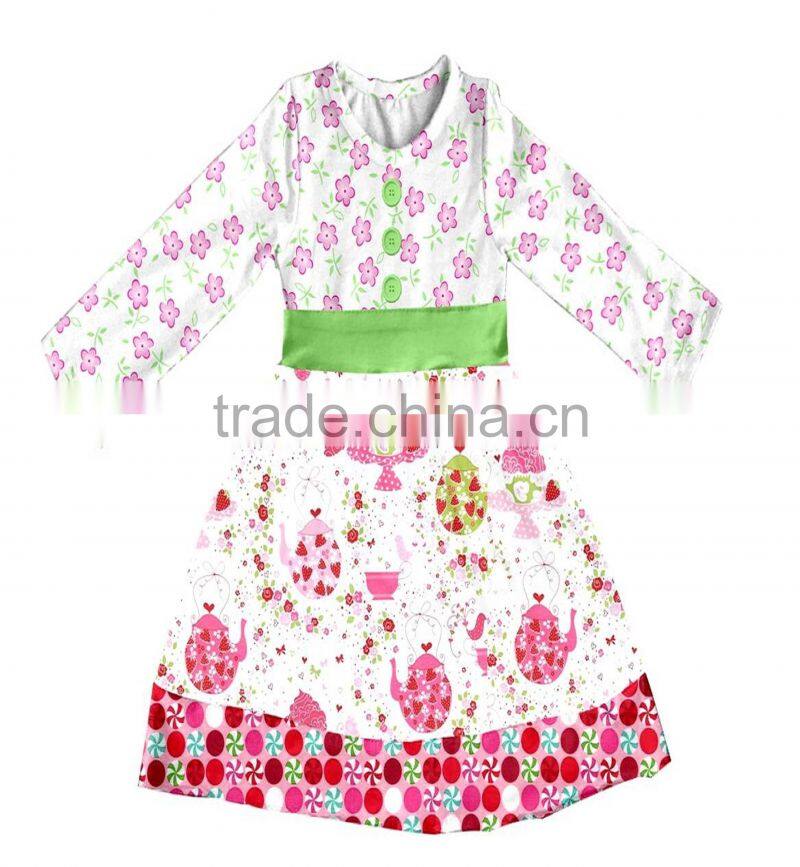 high quality kids flower print frocks designs fashion girl long sleeve dress in fall