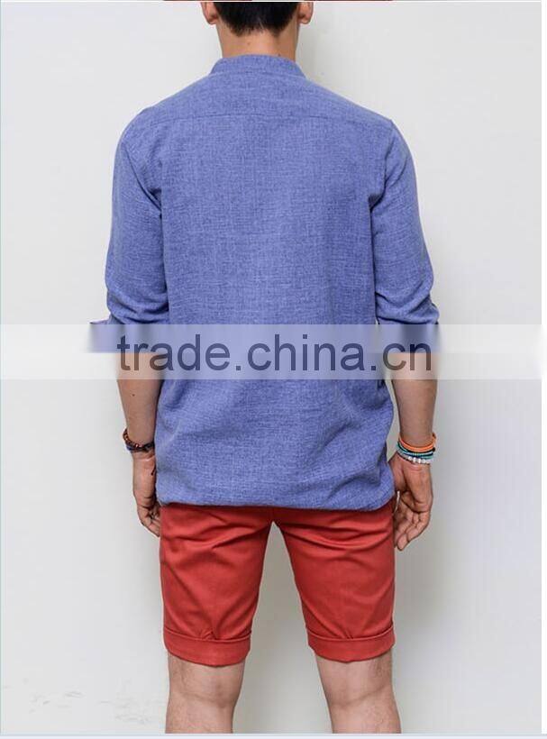 Men's Long Sleeve Blue Laid-back Holiday Linen Pull Over Henley Mandarine Shirt