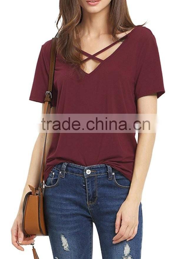 Women's Summer Tops Bandage V-Neck Casual Girls Tees T Shirt