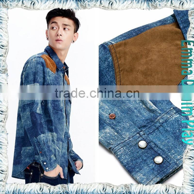 2017 Fashion Premium Mens Washed Thin Checked Denim Shirts with Suede Patch