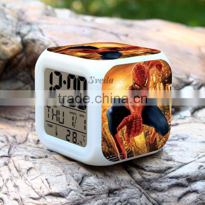(Low price)2015 Hot Spiderman LED Alarm Clock,glowing led color change digital alarm clock, Spider man Digital Alarm Clock