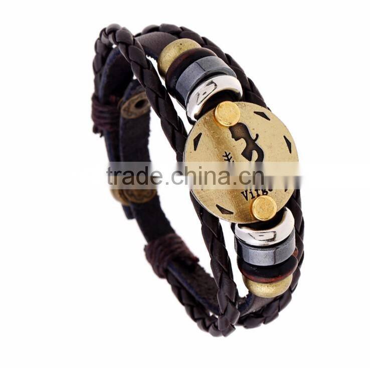 Retro 12 Zodiac Womens Mens Genuine Real Braid Faux Leather Bracelet Bangle Cuff Wristband Handmade Jewlery