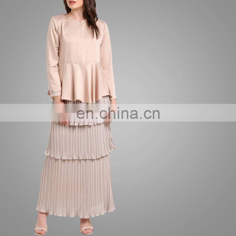 2017 Peplum Modern Baju Kurung Pleated Skirt Satin Baju Suits Muslim Women Clothing