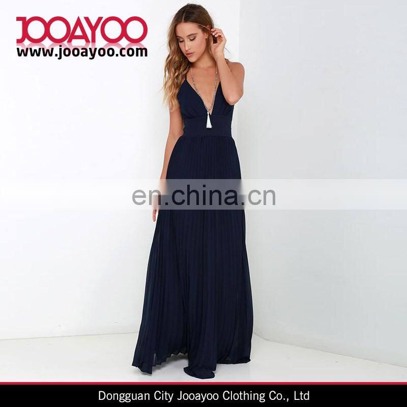 Elegant Chiffon Crissrossing Back Triangle Bodice V-neck Pintucked Waistline Maxi Dress