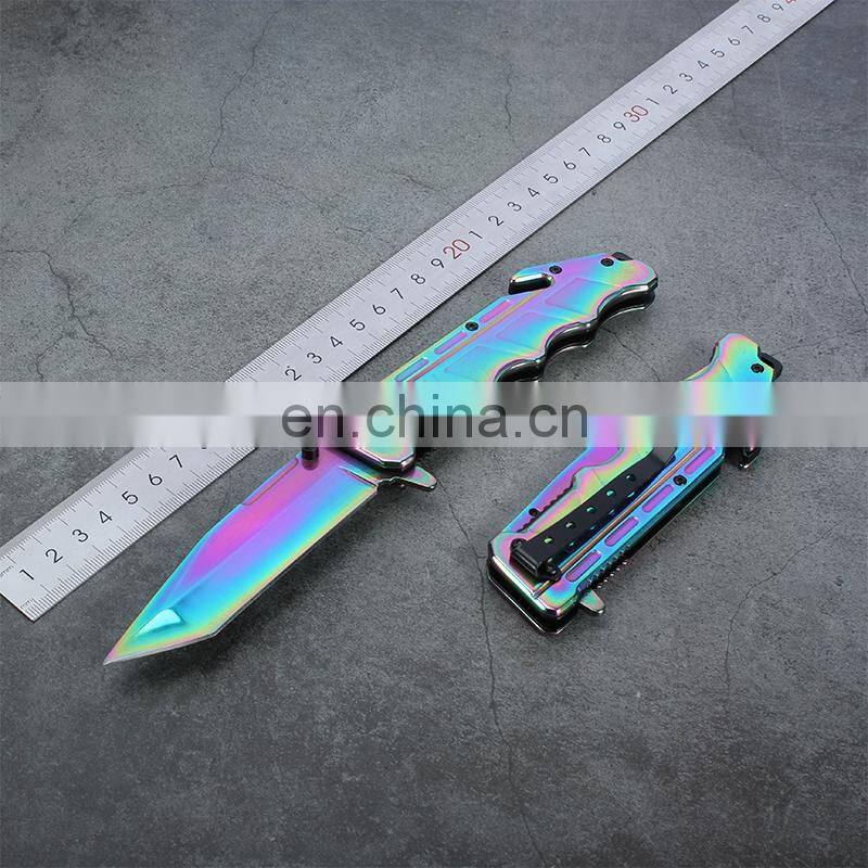 Blue peptide Handle Outdoor Survival Rescue Stainless Steel Folding Pocket Knife with Seatbelt Cutter