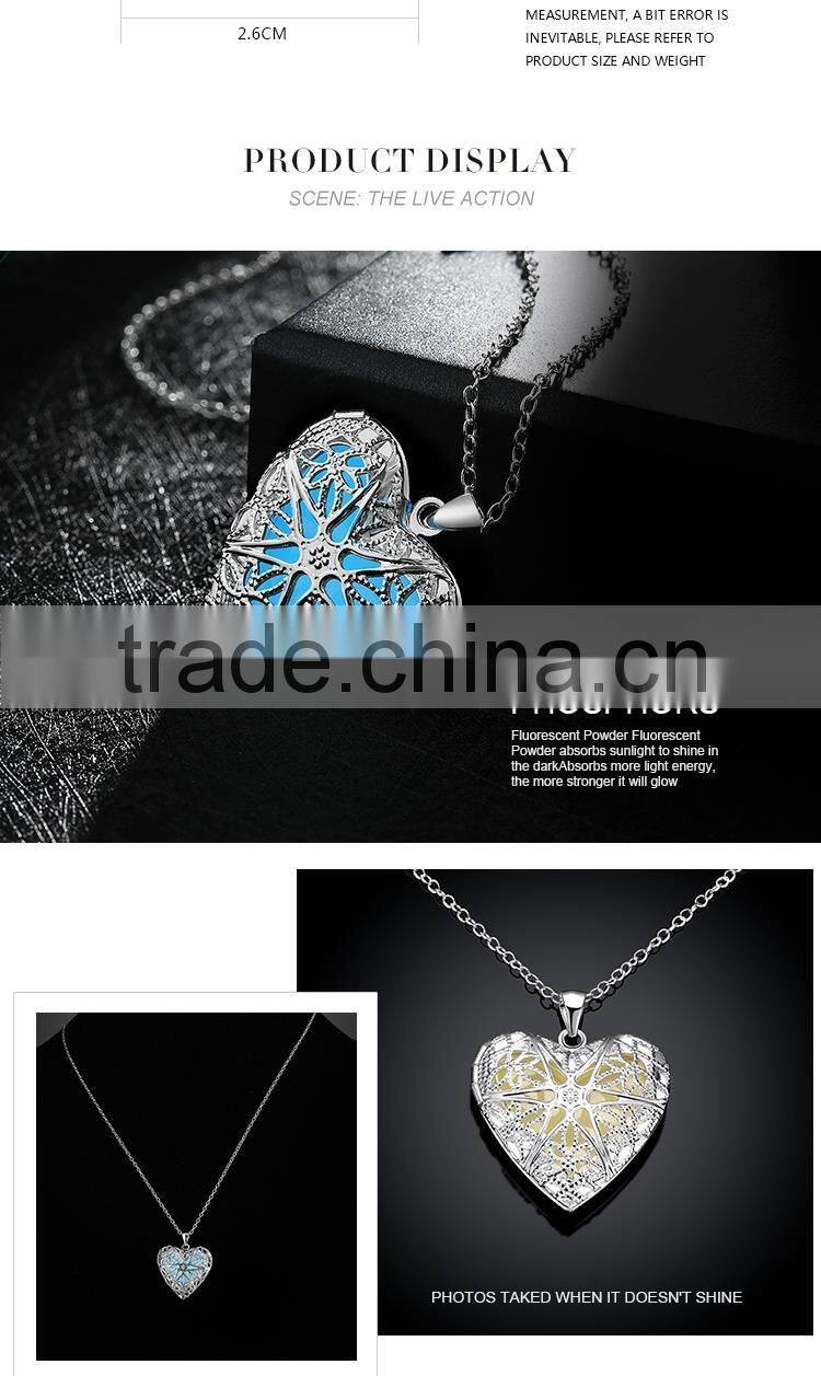 2016 hot selling amber necklace with heart shaped locket luminous stone pendants