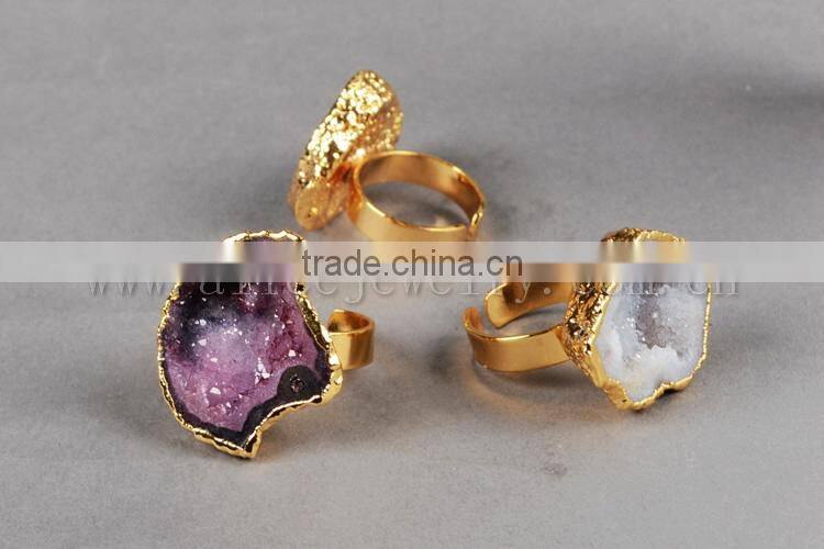 Fashion Vintage Antique Ajustable Golden Plated Druzy Geode Agate Statement Wide Ring