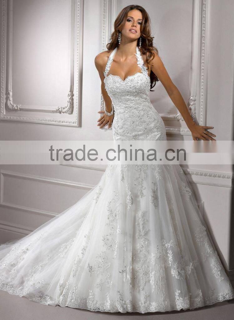 2015 New Custom Made BacklessTulle Applique Beading Crystal A-Line Lace Wedding Dress Bridal Gowns