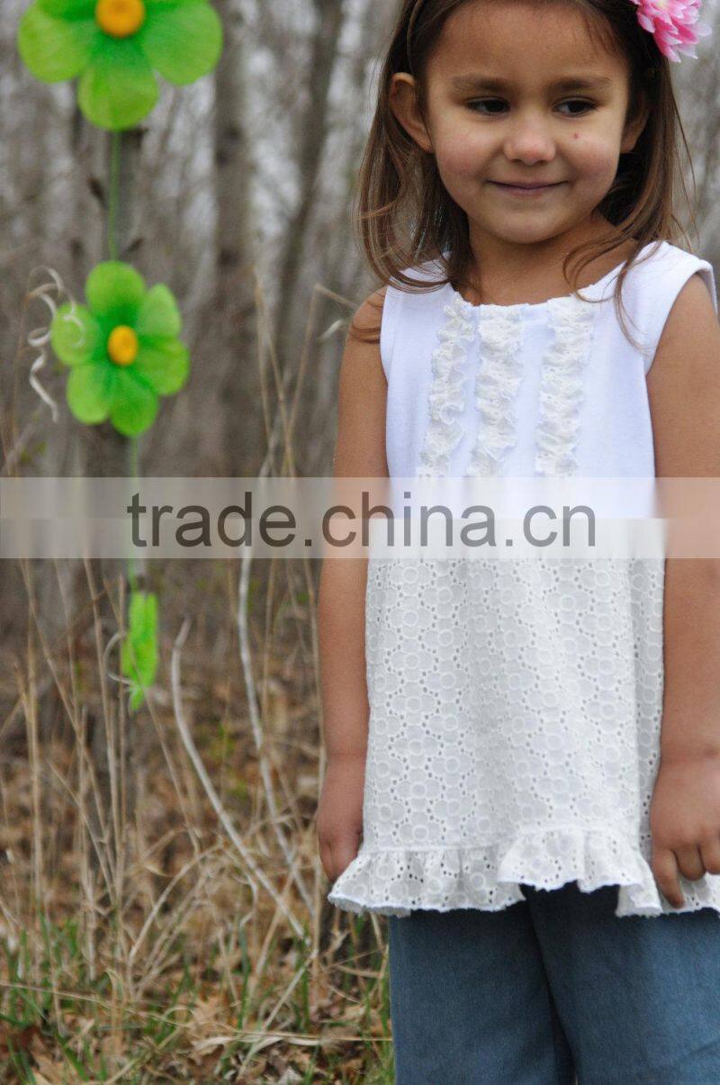 2015 Lovely design cotton lace top with Double Ruffle jeans pants Clothing sets