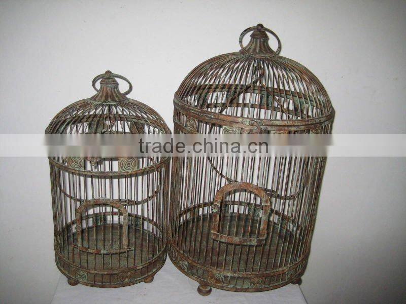 round metal bird cage w/antique rustic finish-s/2