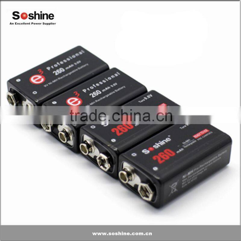 Rechargeable 9V Battery en NiMH 9.6V 260mAh battery for Smoke Alarms Music/Audio Devices from Soshine Co.,