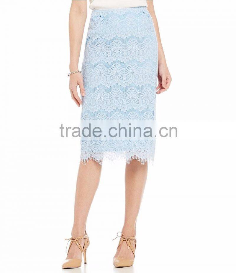 Allover lace scalloped fashion pencil lace blouse and skirt