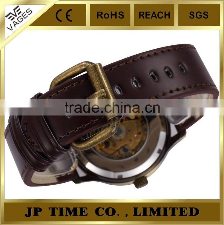 New Retro Skeleton Automatic Mechanical Vintage Leather copper wrist watch