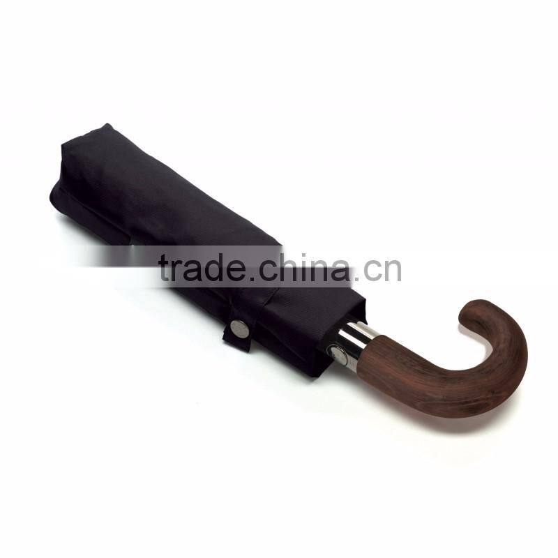 High quality Curve wooden handle pongee foldable umbrella,customized strong 3 fold auto open umbrellas for man