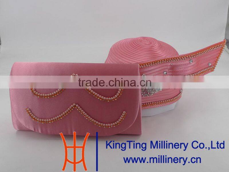 Pink Color With Broach Ladies Handbags and Church hats