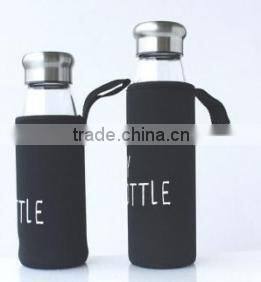 2015 high quality glass bottle with tea coat , BPA Free Glass Water Bottle