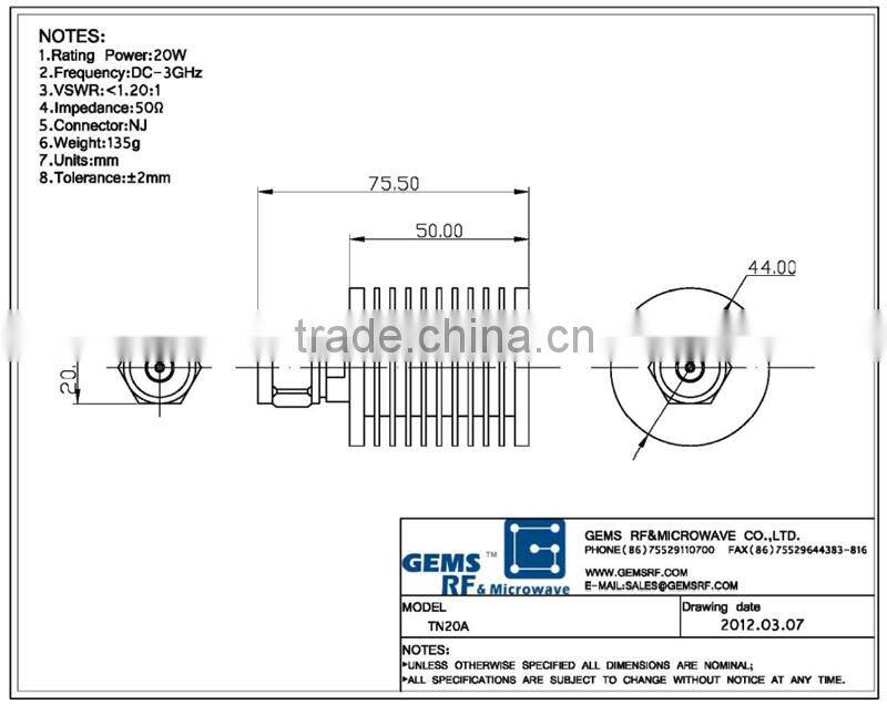 20W DC-6GHz Medium Power Coaxial Termination connectors terminals