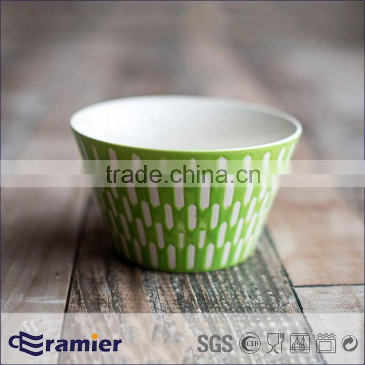 Ceramic stoneware V shape 5.5'' bowl with handprinted grids design